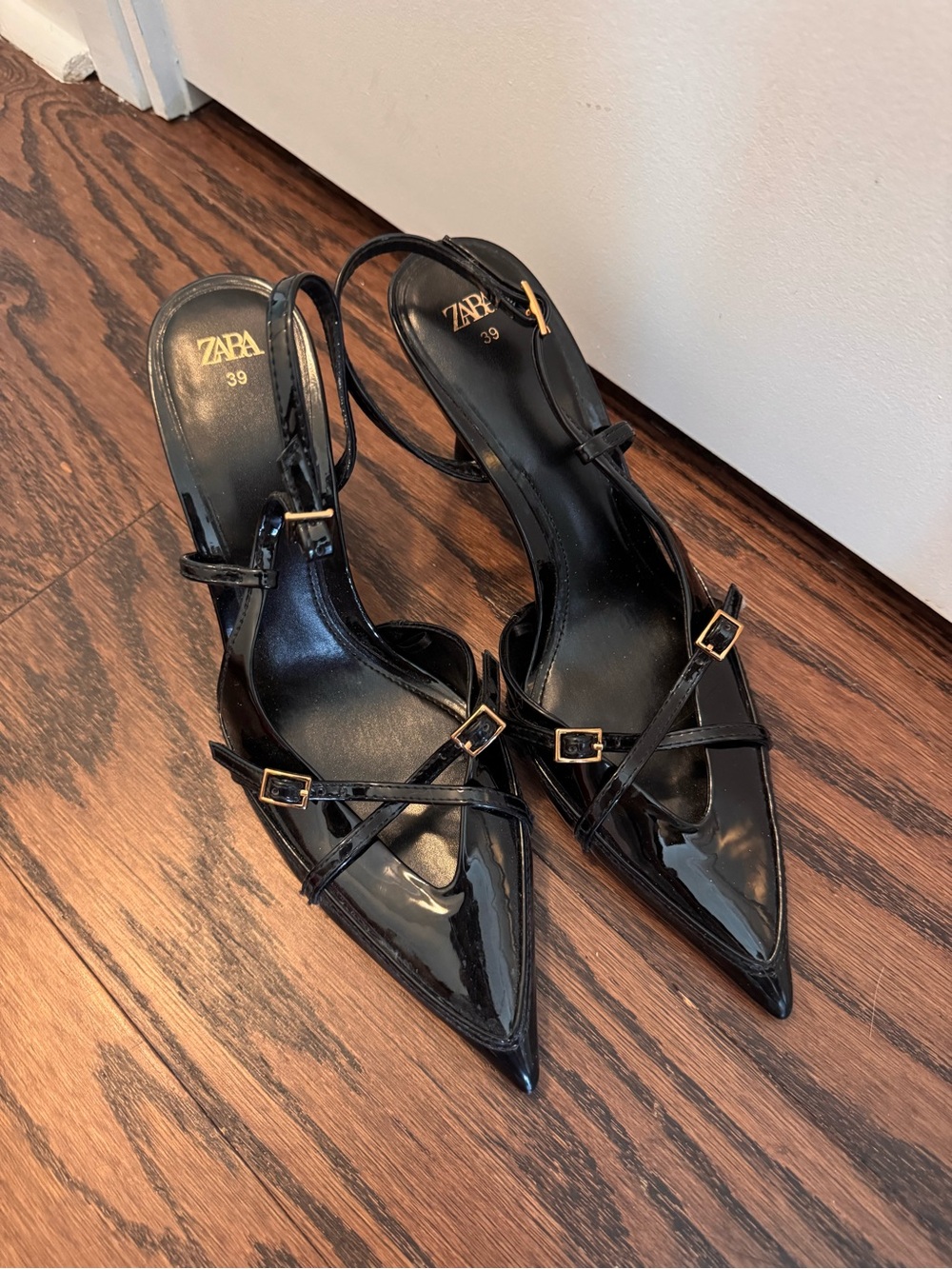 ZARA Black Patent Pointed Slingback Heels with Cross Straps